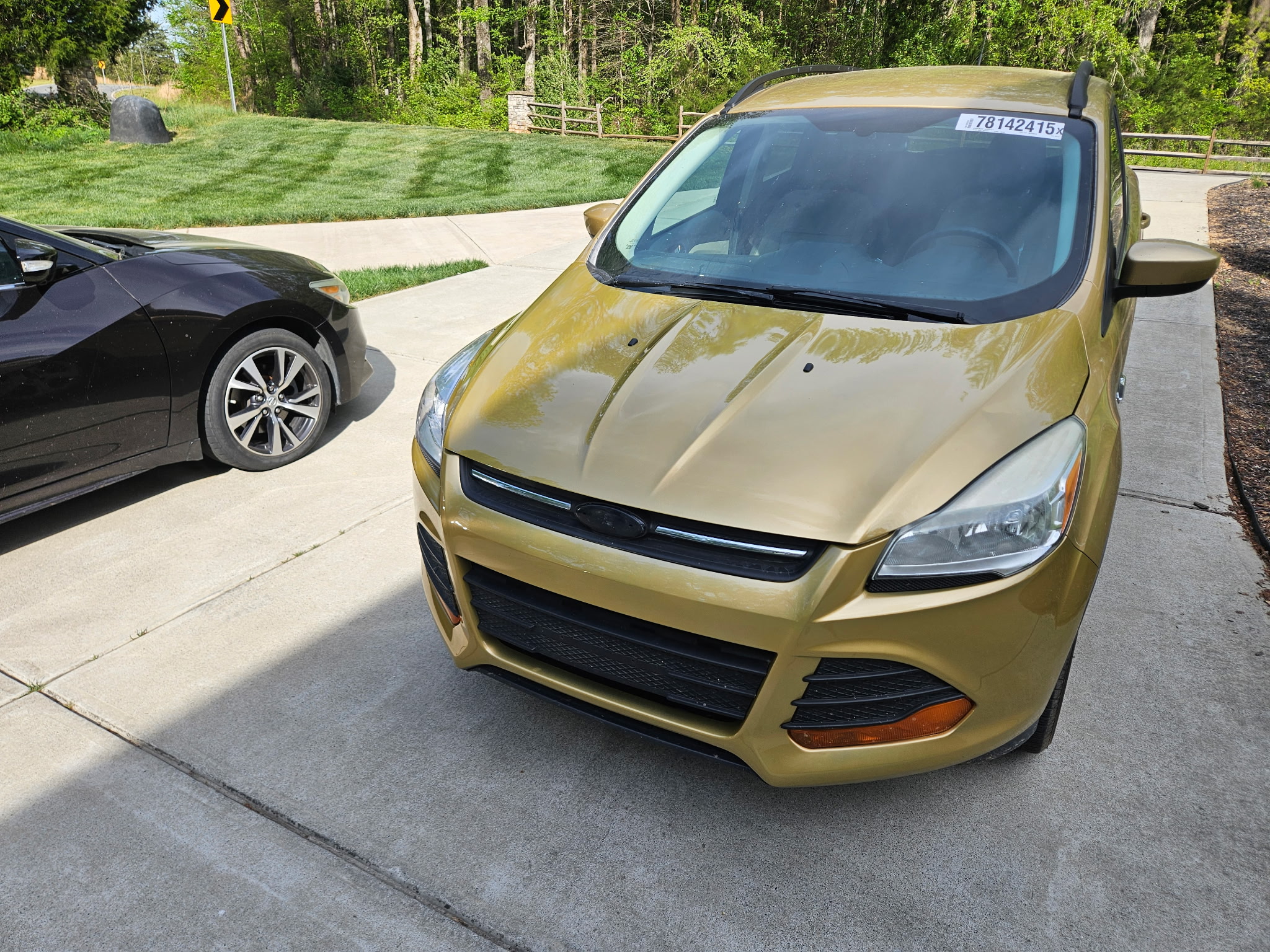 After photo of 2014 Ford Escape repainted in metallic gold, parked in a sunlit driveway with mirror-finish clear coat
